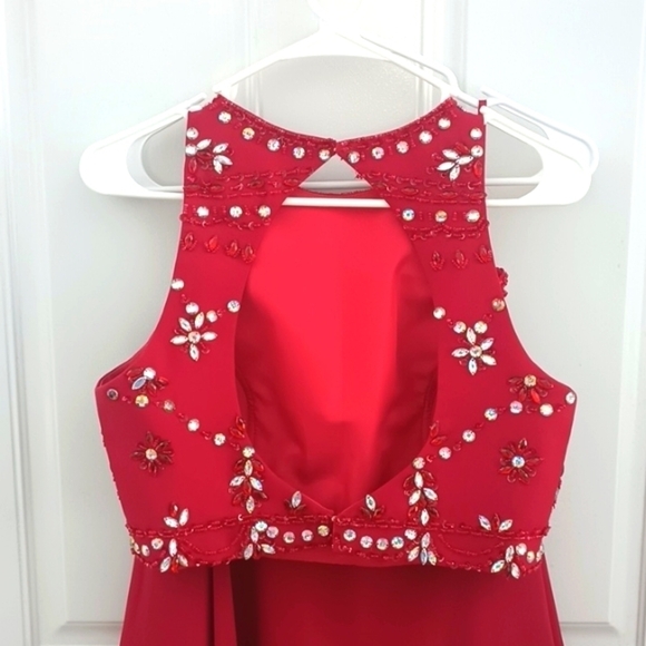 Two piece formal prom bejeweled rhinestone red dress - Picture 3 of 13